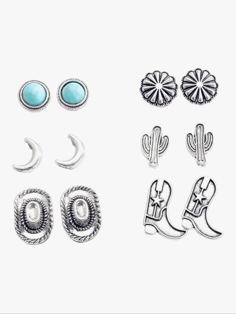 Western Silver Tone & Turquoise Stud Earring Set - 6 Pairs